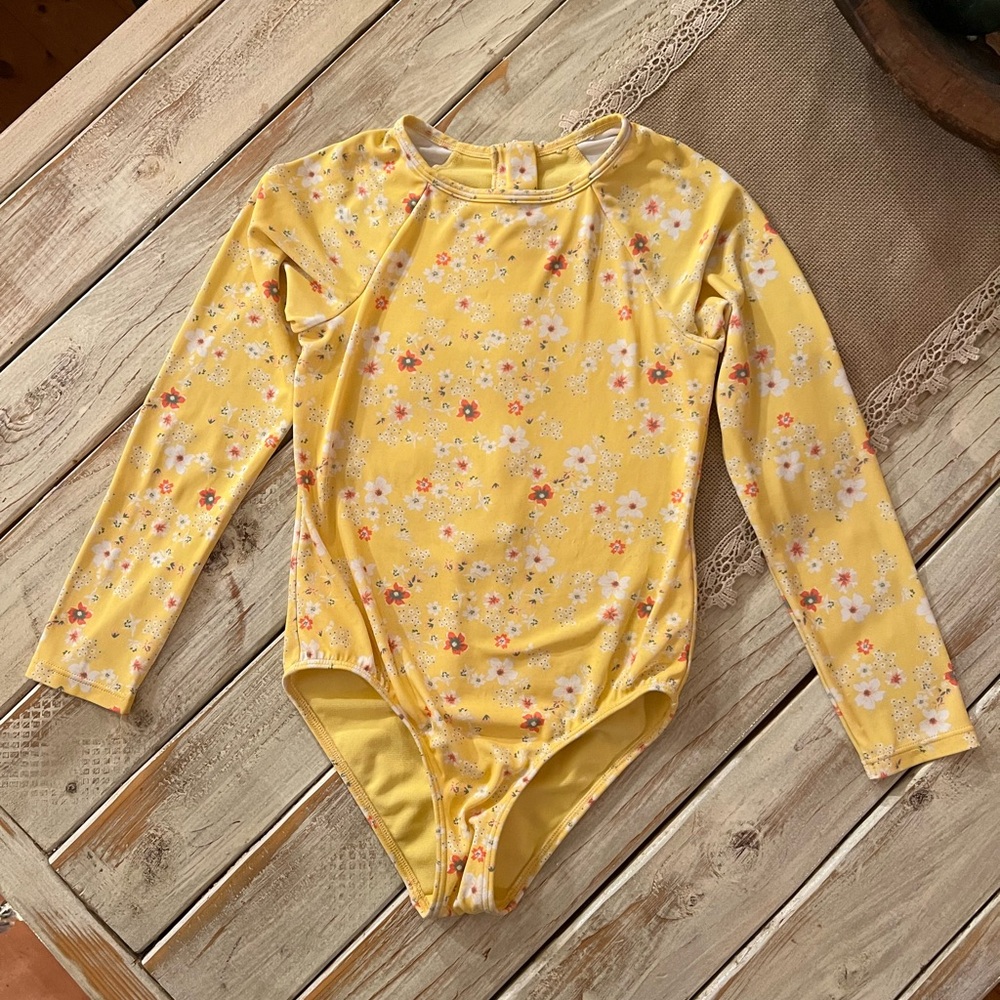 Girl’s Roxy Yellow Floral Longsleeve Rashguard One Piece Swimsuit